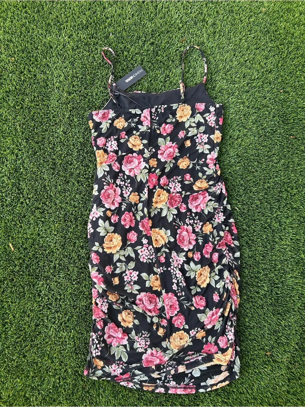 Floral Spaghetti Strap Black Mini Dress